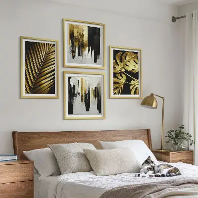 Galería de pared con diseño abstracto de hojas de palma monstera