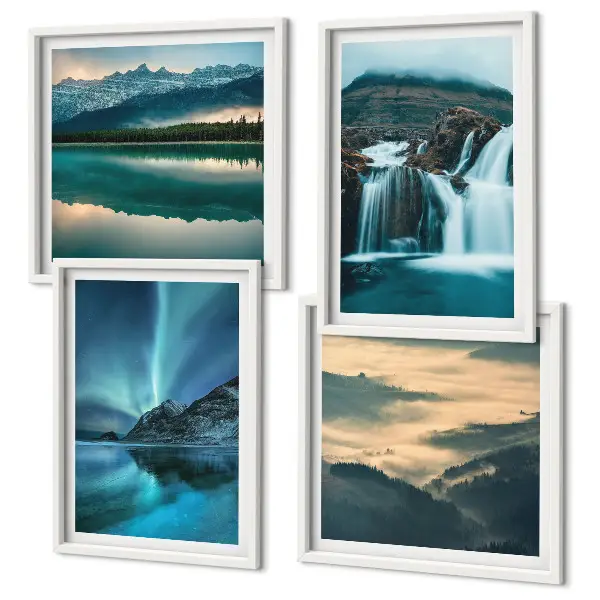 Set de 4 cuadros para salón con paisajes de invierno cascadas y auroras boreales