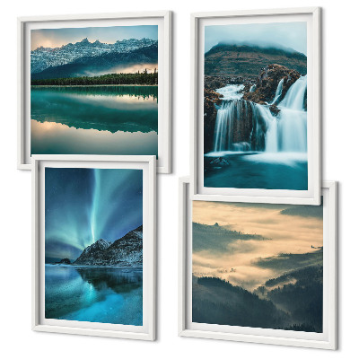 Set de 4 cuadros para salón Paisajes invernales, cascadas, auroras boreales