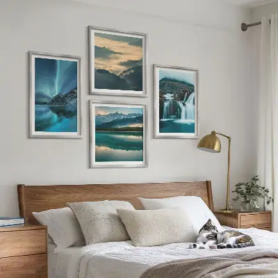 Set de 4 cuadros para salón con paisajes de invierno cascadas y auroras boreales