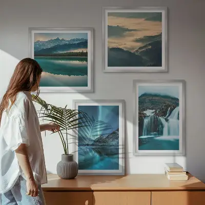 Set de 4 cuadros para salón con paisajes de invierno cascadas y auroras boreales