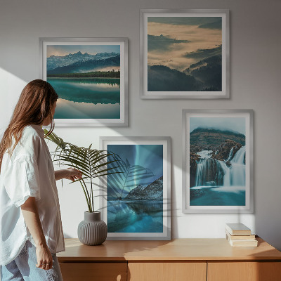 Set de 4 cuadros para salón Paisajes invernales, cascadas, auroras boreales
