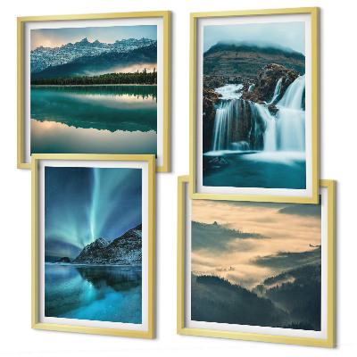 Set de 4 cuadros para salón Paisajes invernales, cascadas, auroras boreales