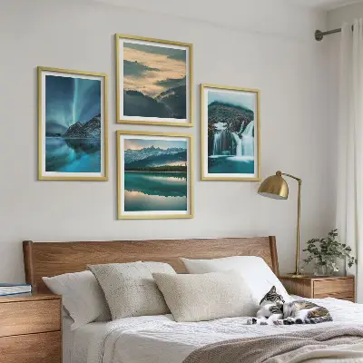 Set de 4 cuadros para salón con paisajes de invierno cascadas y auroras boreales