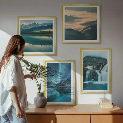 Set de 4 cuadros para salón con paisajes de invierno cascadas y auroras boreales