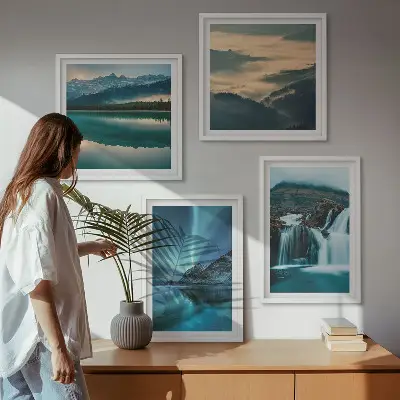 Set de 4 cuadros para salón con paisajes de invierno cascadas y auroras boreales
