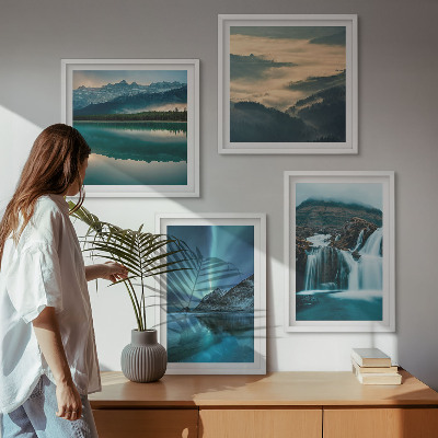 Set de 4 cuadros para salón Paisajes invernales, cascadas, auroras boreales