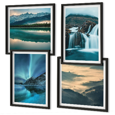 Set de 4 cuadros para salón Paisajes invernales, cascadas, auroras boreales