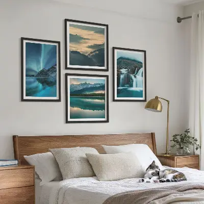 Set de 4 cuadros para salón con paisajes de invierno cascadas y auroras boreales