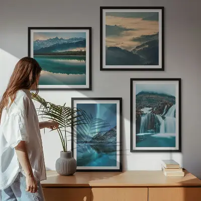 Set de 4 cuadros para salón con paisajes de invierno cascadas y auroras boreales