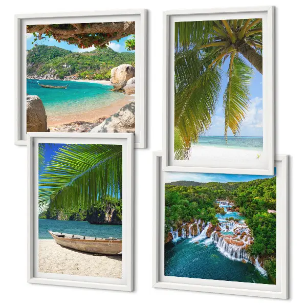 Galería de pared con motivos de playa, barco, cascadas y palmeras