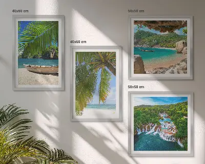 Galería de pared con motivos de playa, barco, cascadas y palmeras