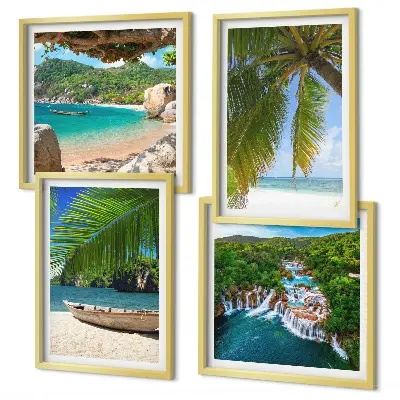Galería de pared con motivos de playa, barco, cascadas y palmeras
