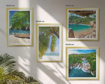 Galería de pared con motivos de playa, barco, cascadas y palmeras