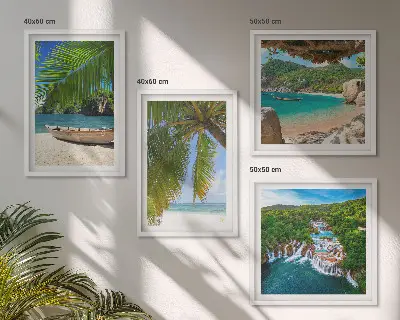Galería de pared con motivos de playa, barco, cascadas y palmeras