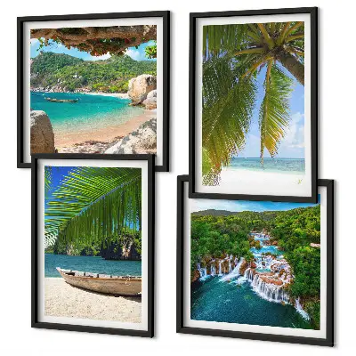 Galería de pared con motivos de playa, barco, cascadas y palmeras