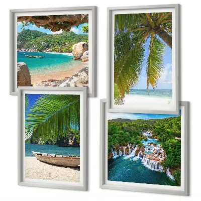 Galería de pared con motivos de playa, barco, cascadas y palmeras