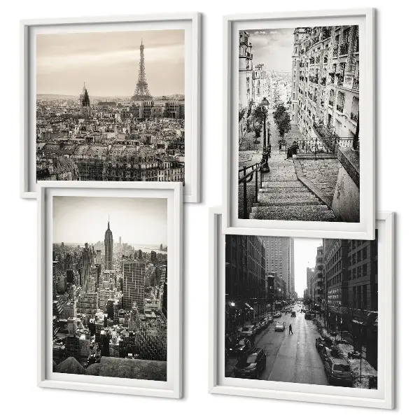 Set de cuadros modernos para salón con diseño de vistas de París y Nueva York en escaleras