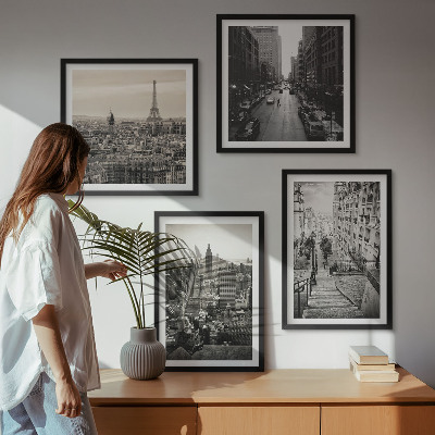 Set de cuadros modernos para salón Vistas París Nueva York escaleras