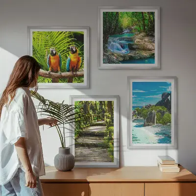 Set de 4 cuadros para salón con diseño de cascada con loros en el bosque tropical