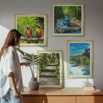Set de 4 cuadros para salón con diseño de cascada con loros en el bosque tropical