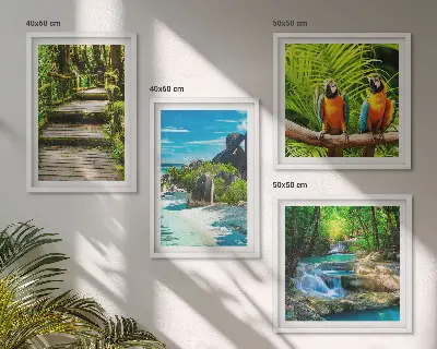 Set de 4 cuadros para salón con diseño de cascada con loros en el bosque tropical
