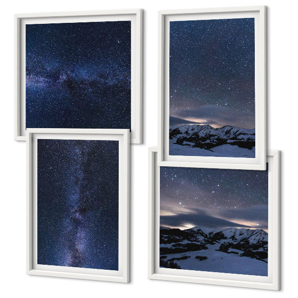 Set de 4 cuadros para salón cielo nocturno montañas estrellas