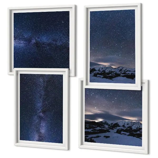 Set de 4 cuadros para salón con diseño de montañas bajo un cielo estrellado