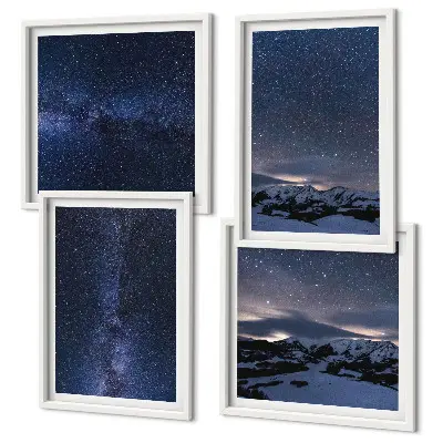 Set de 4 cuadros para salón con diseño de montañas bajo un cielo estrellado