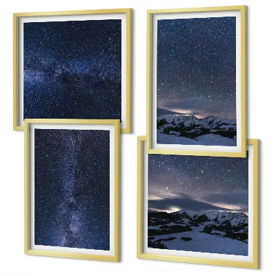 Set de 4 cuadros para salón con diseño de montañas bajo un cielo estrellado