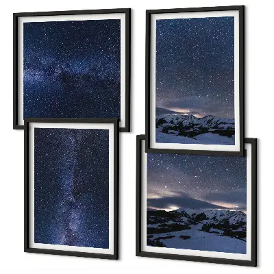 Set de 4 cuadros para salón con diseño de montañas bajo un cielo estrellado
