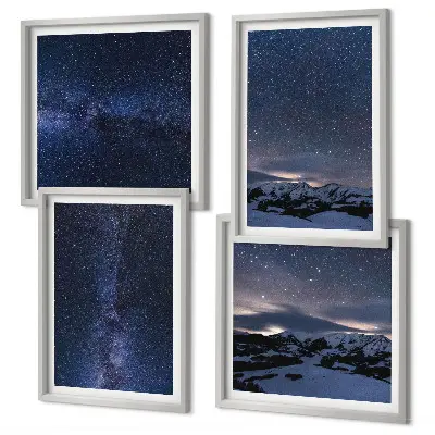 Set de 4 cuadros para salón con diseño de montañas bajo un cielo estrellado