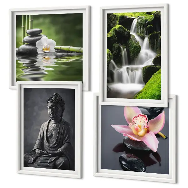 Galería de pared pinturas de temática zen con piedras de agua y Buda