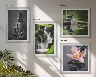 Galería de pared pinturas de temática zen con piedras de agua y Buda