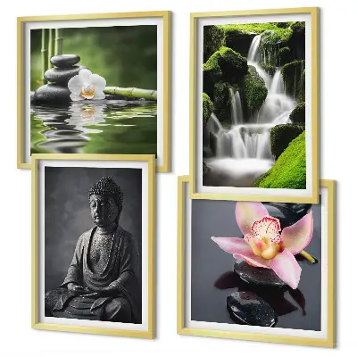 Galería de pared pinturas de temática zen con piedras de agua y Buda