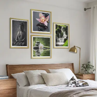 Galería de pared pinturas de temática zen con piedras de agua y Buda