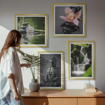Galería de pared pinturas de temática zen con piedras de agua y Buda