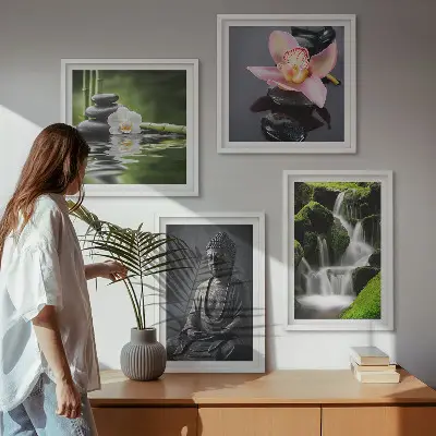 Galería de pared pinturas de temática zen con piedras de agua y Buda