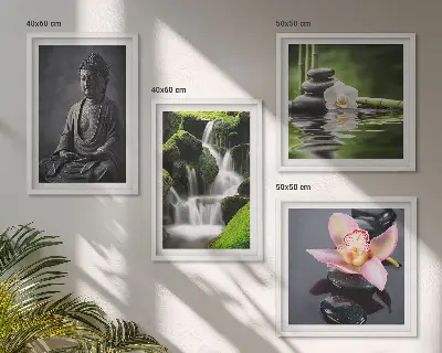Galería de pared pinturas de temática zen con piedras de agua y Buda