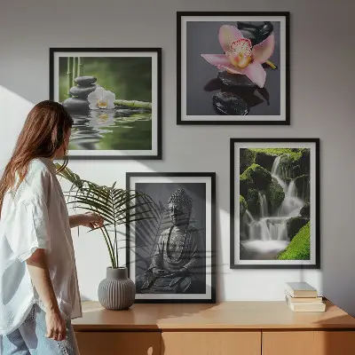 Galería de pared pinturas de temática zen con piedras de agua y Buda