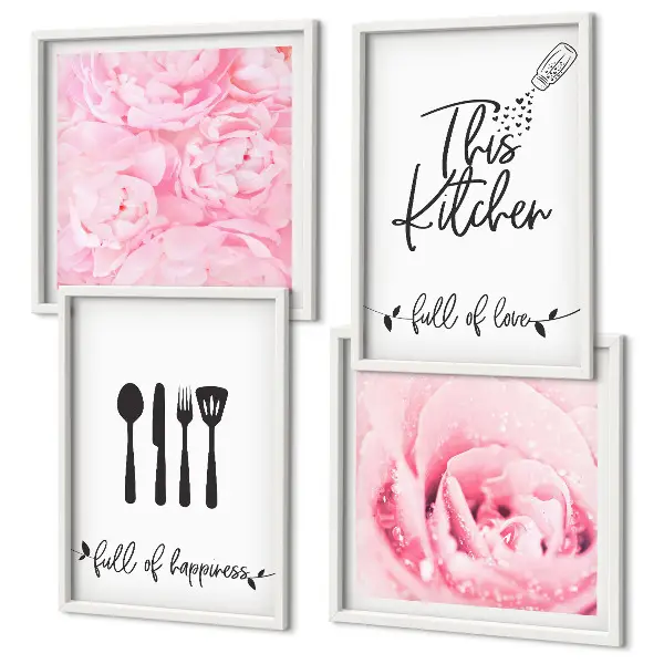 Set de 4 cuadros decorativos con diseño de delicadas rosas para cocina