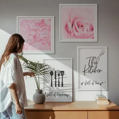 Set de 4 cuadros decorativos con diseño de delicadas rosas para cocina
