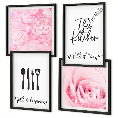 Set de 4 cuadros decorativos con diseño de delicadas rosas para cocina
