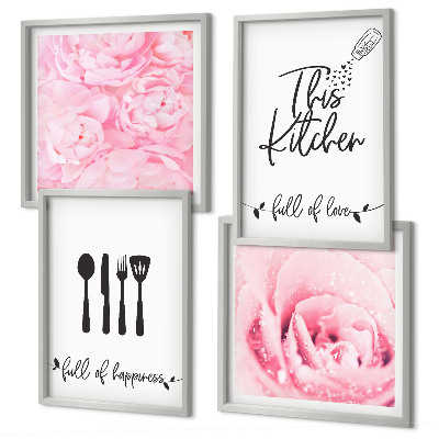 Set de 4 cuadros para salón delicadas rosas de cocina