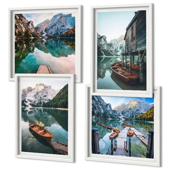Set de cuadros modernos para salón con paisajes de lago, montañas, barcos y cabaña