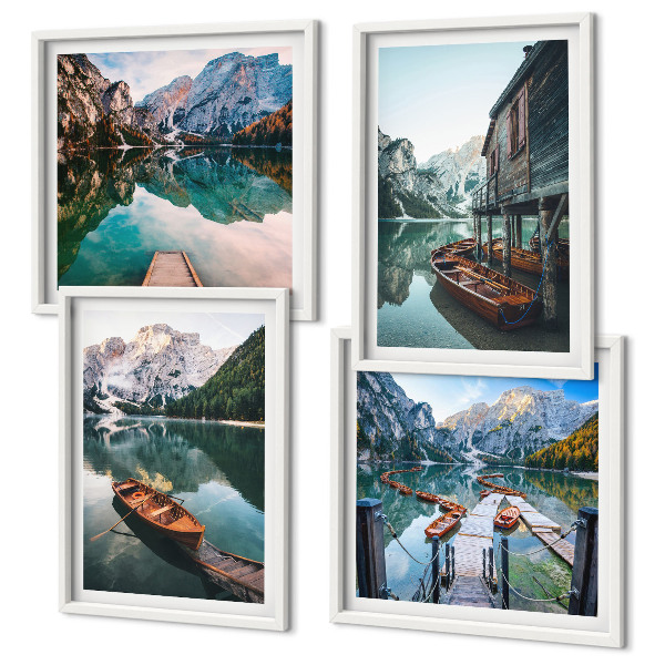 Set de cuadros modernos para salón Lago, montañas, barcos, cabaña