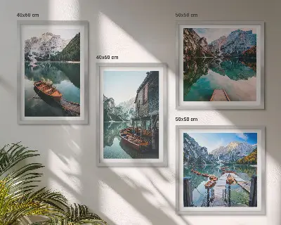 Set de cuadros modernos para salón con paisajes de lago, montañas, barcos y cabaña