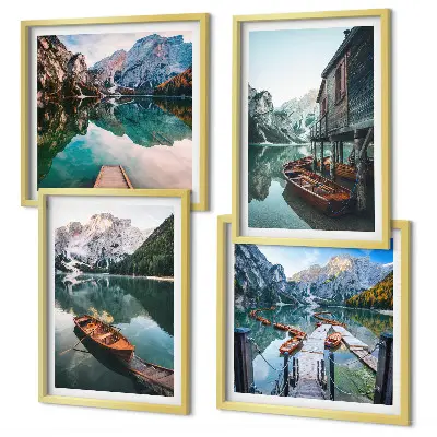 Set de cuadros modernos para salón con paisajes de lago, montañas, barcos y cabaña