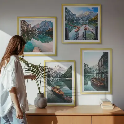 Set de cuadros modernos para salón con paisajes de lago, montañas, barcos y cabaña