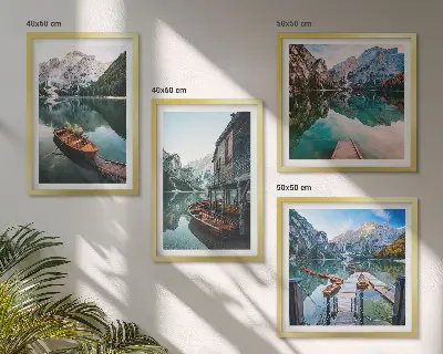 Set de cuadros modernos para salón con paisajes de lago, montañas, barcos y cabaña
